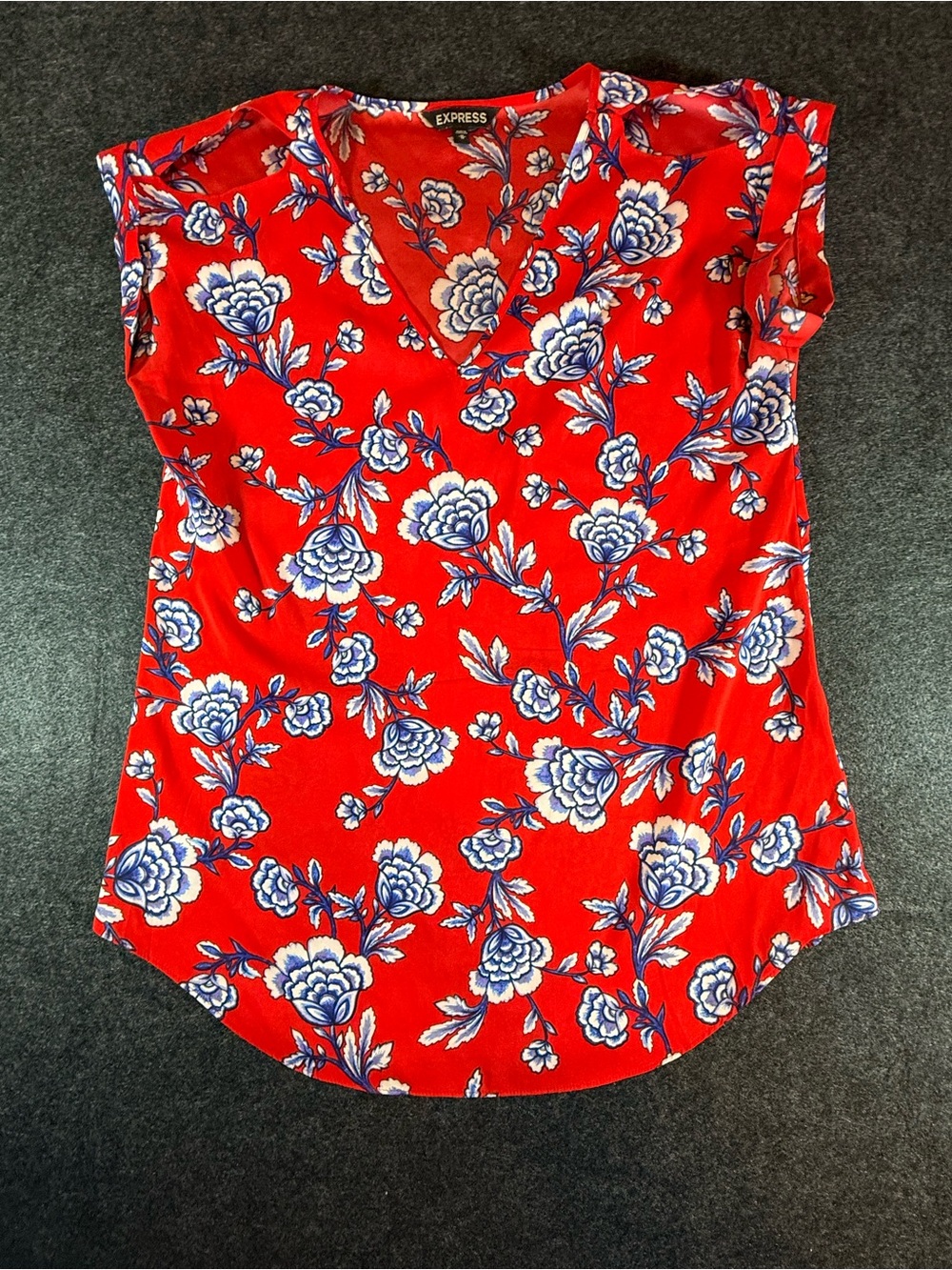 Express Red Floral V-Neck Blouse with Blue and White Blooms